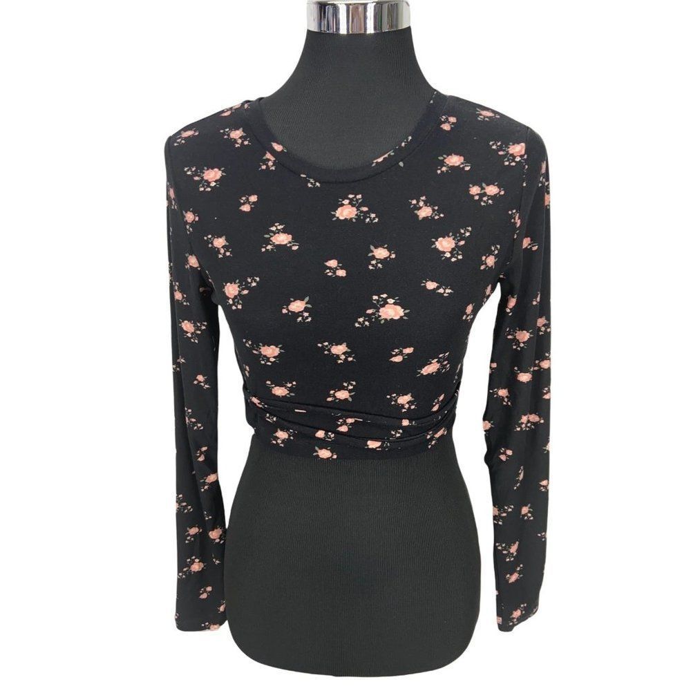 Derek Heart Black Pink Rose Long Sleeve Fitted Crop‎ Top Large
